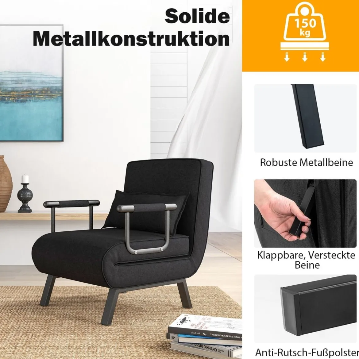 Cabrio-Schlafsofa Klappsessel Schlafcouch Sofabett 5-Positionen-Liegestuhl Hellgrau/Schwarz/Blau/Dunkelgrau/Kaffee