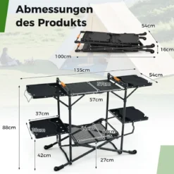 Campingküche klappbar Reiseküche mit Aluminium-Tischplatte Camping Küche 135 x 54 x 88 cm Schwarz