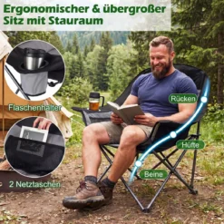 Campingstuhl Faltbar Gepolsterter Klappstuhl mit Getränkehalter Blastbar bis 225 kg Blau/Grau