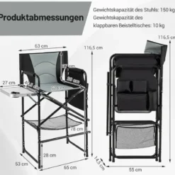 Campingstuhl faltbar hoher Klappstuhl mit Seitentisch Abnehmbarer Fußstütze Schwarz + Grau