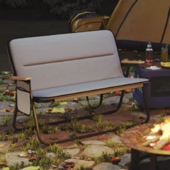 Campingstuhl für 2 Personen Klappstuhl mit abnehmbarem Kissen Seitentasche und Armlehnen Grau