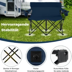 Campingstuhl für 2 Personen Klappstuhl mit Getränkehaltern & Armlehnen & Tragetasche