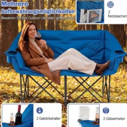 Campingstuhl für 2 Personen XXL Campingsofa mit Getränkehaltern & Netztaschen Klappstuhl Marineblau