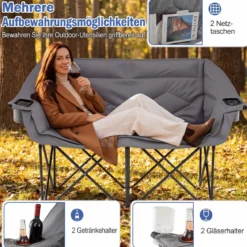 Campingstuhl für 2 Personen XXL Campingsofa mit Getränkehaltern & Netztaschen Klappstuhl Grau