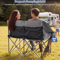 Campingstuhl für 2 Personen XXL Campingsofa mit Getränkehaltern & Netztaschen Klappstuhl Grau