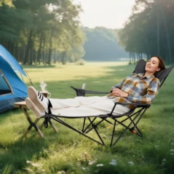 Campingstuhl mit Abnehmbarer Fußablage & Verstellbarer Rückenlehne & Kopfstütze Angelstuhl