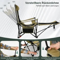 Campingstuhl mit Abnehmbarer Fußablage & Verstellbarer Rückenlehne & Kopfstütze Angelstuhl