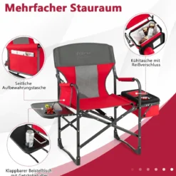 Campingstuhl mit Seitentisch & Kühltasche & Aufbewahrungstasche Klappbarer Angelstuhl Rot