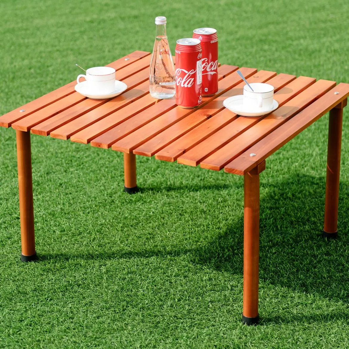 Camping-Tisch aufrollbar Gartentisch aus Tannenholz tragbarer Picknick-Tisch mit Tragetasche Braun