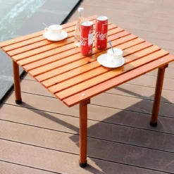 Camping-Tisch aufrollbar Gartentisch aus Tannenholz tragbarer Picknick-Tisch mit Tragetasche Braun