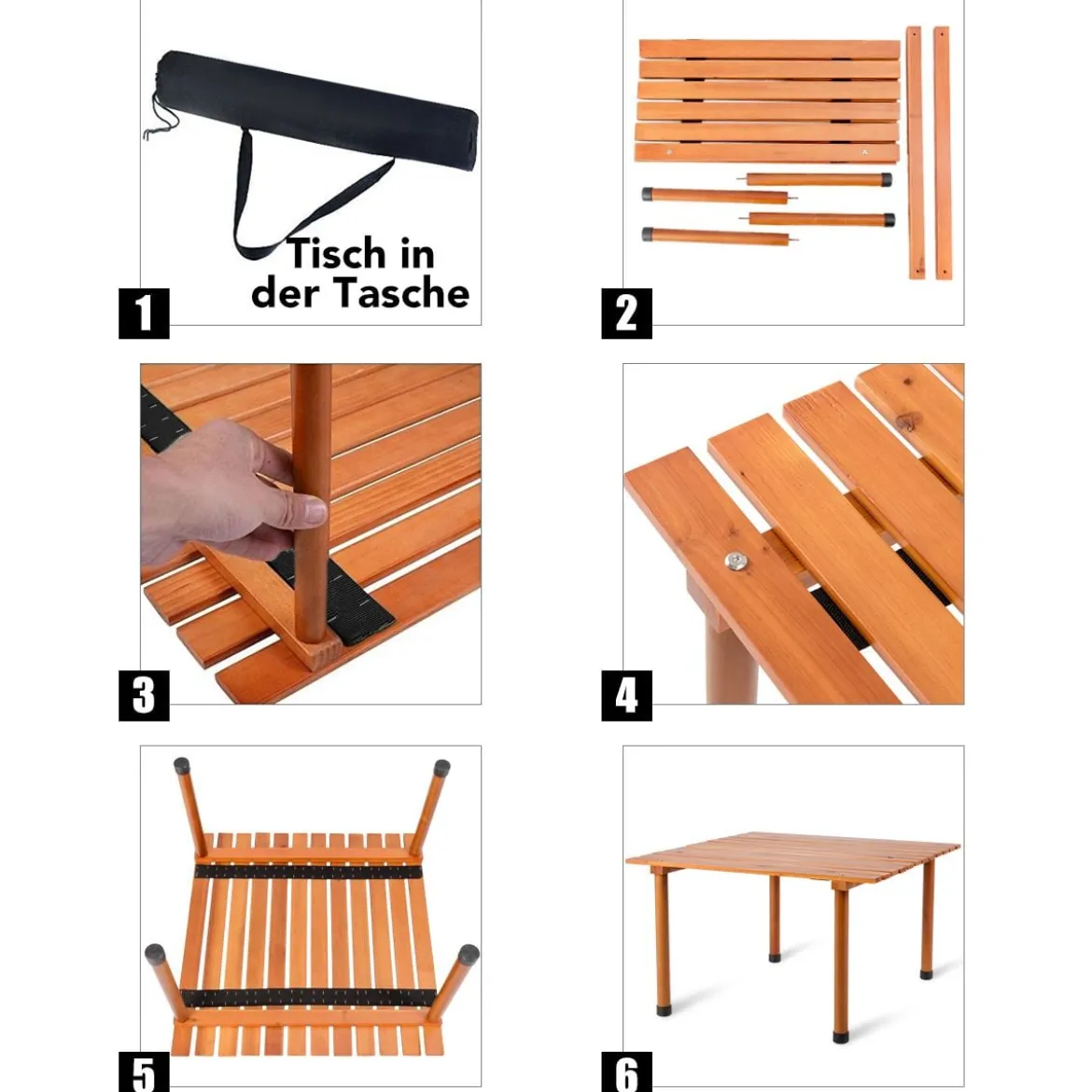 Camping-Tisch aufrollbar Gartentisch aus Tannenholz tragbarer Picknick-Tisch mit Tragetasche Braun