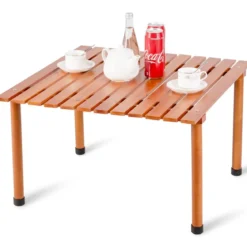 Camping-Tisch aufrollbar Gartentisch aus Tannenholz tragbarer Picknick-Tisch mit Tragetasche Braun