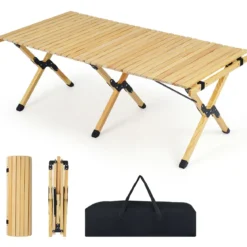 Campingtisch Klappbar Picknicktisch aus Holz mit Aufrollbarer Tischplatte Tragbarer Klapptisch Kaffee/Natur