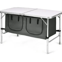 Campingtisch mit großem Stauraum Reiseküche Klapptisch aus Alu Gartentisch Picknicktisch Campingschrank Höhenverstellbar von 53-70cm Weiß+Grau