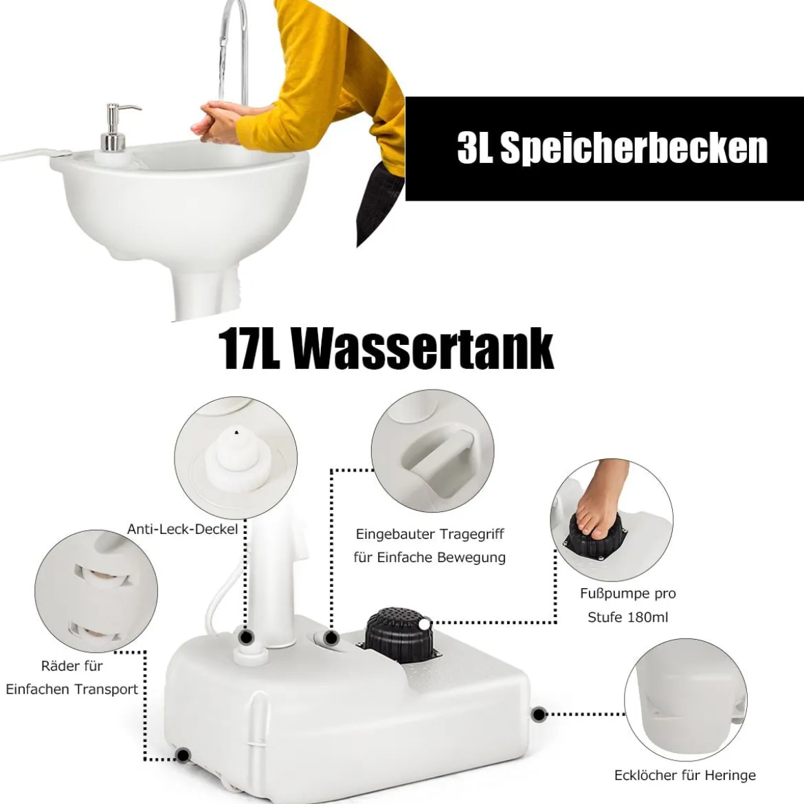Campingwaschbecken mit 17L Wassertank & Fußpumpe & Handtuchhalter