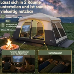 Campingzelt für 10 Personen Familienzelt mit Belüftung Regenschutz & Tragetasche 399 x 267 x 201 cm Beige
