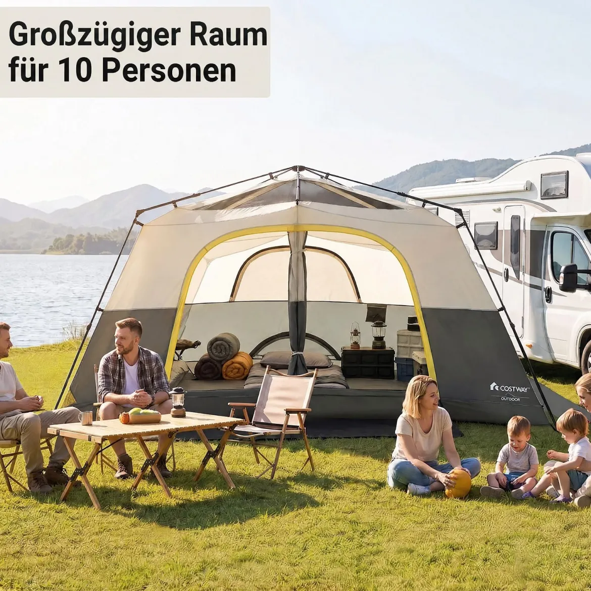 Campingzelt für 10 Personen Familienzelt mit Belüftung Regenschutz & Tragetasche 399 x 267 x 201 cm Beige