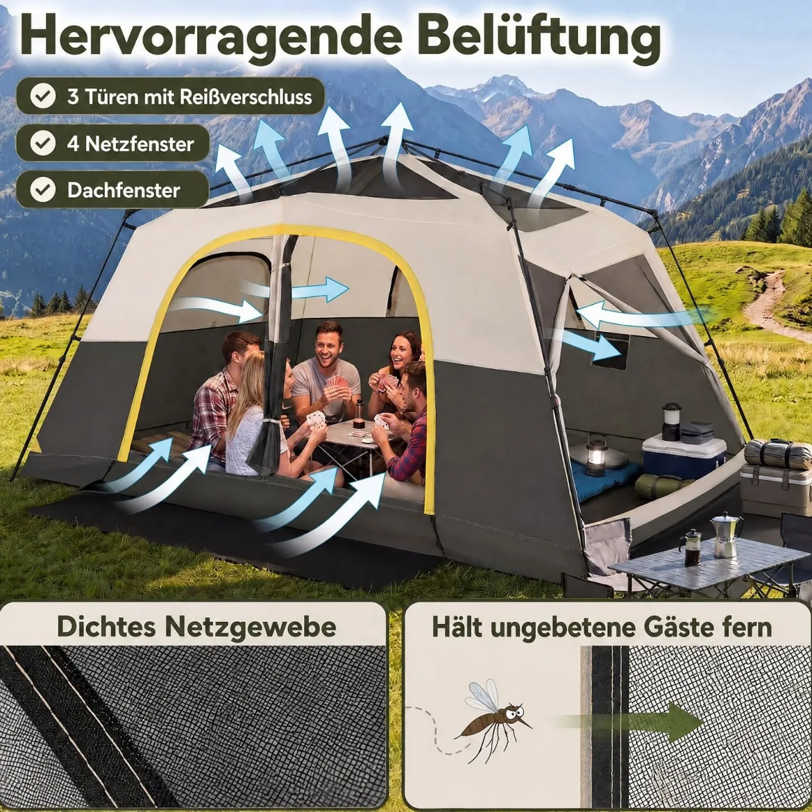 Campingzelt für 10 Personen Familienzelt mit Belüftung Regenschutz & Tragetasche 399 x 267 x 201 cm Beige