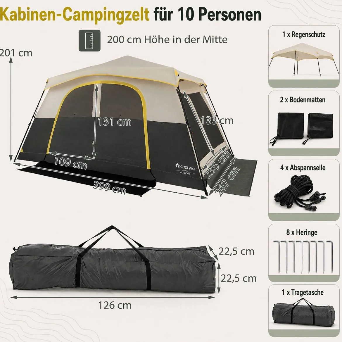 Campingzelt für 10 Personen Familienzelt mit Belüftung Regenschutz & Tragetasche 399 x 267 x 201 cm Beige