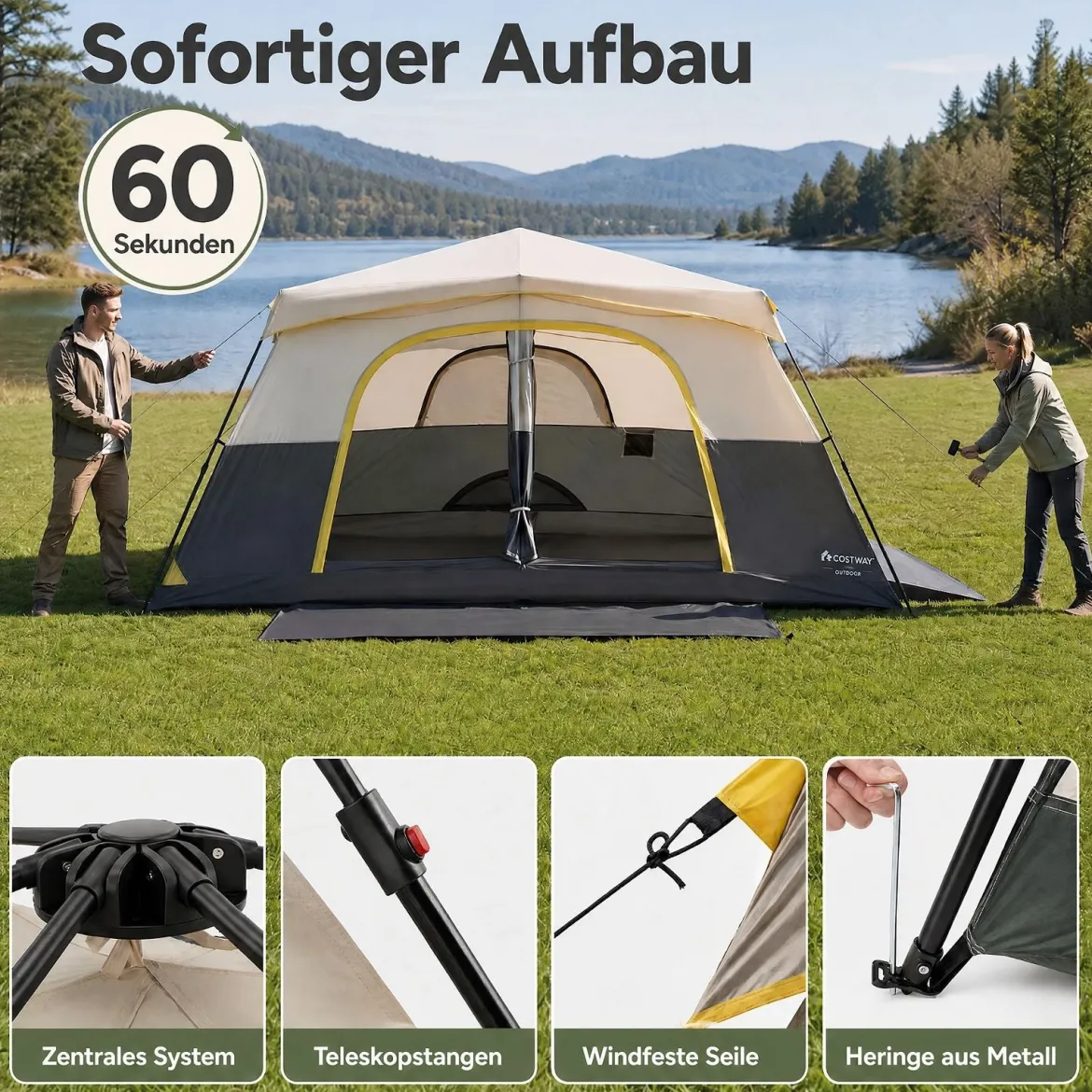 Campingzelt für 10 Personen Familienzelt mit Belüftung Regenschutz & Tragetasche 399 x 267 x 201 cm Beige