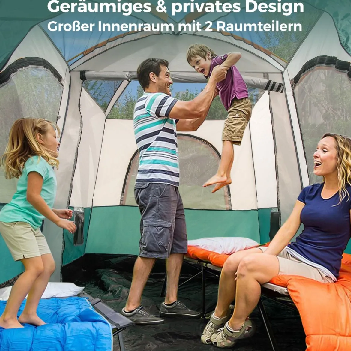 Campingzelt für 6 Personen mit 2-Raum-Trennwand & Regenschutz & PE-Plane & Netzfenstern
