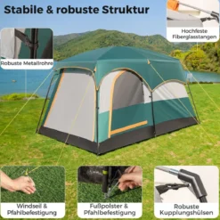 Campingzelt für 6 Personen mit 2-Raum-Trennwand & Regenschutz & PE-Plane & Netzfenstern