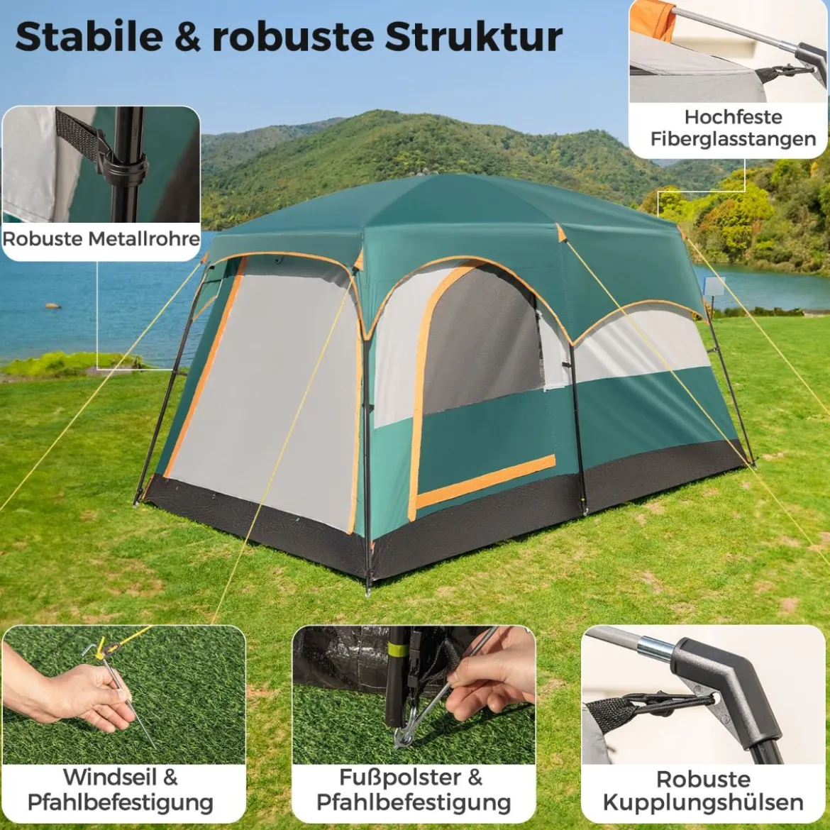 Campingzelt für 6 Personen mit 2-Raum-Trennwand & Regenschutz & PE-Plane & Netzfenstern