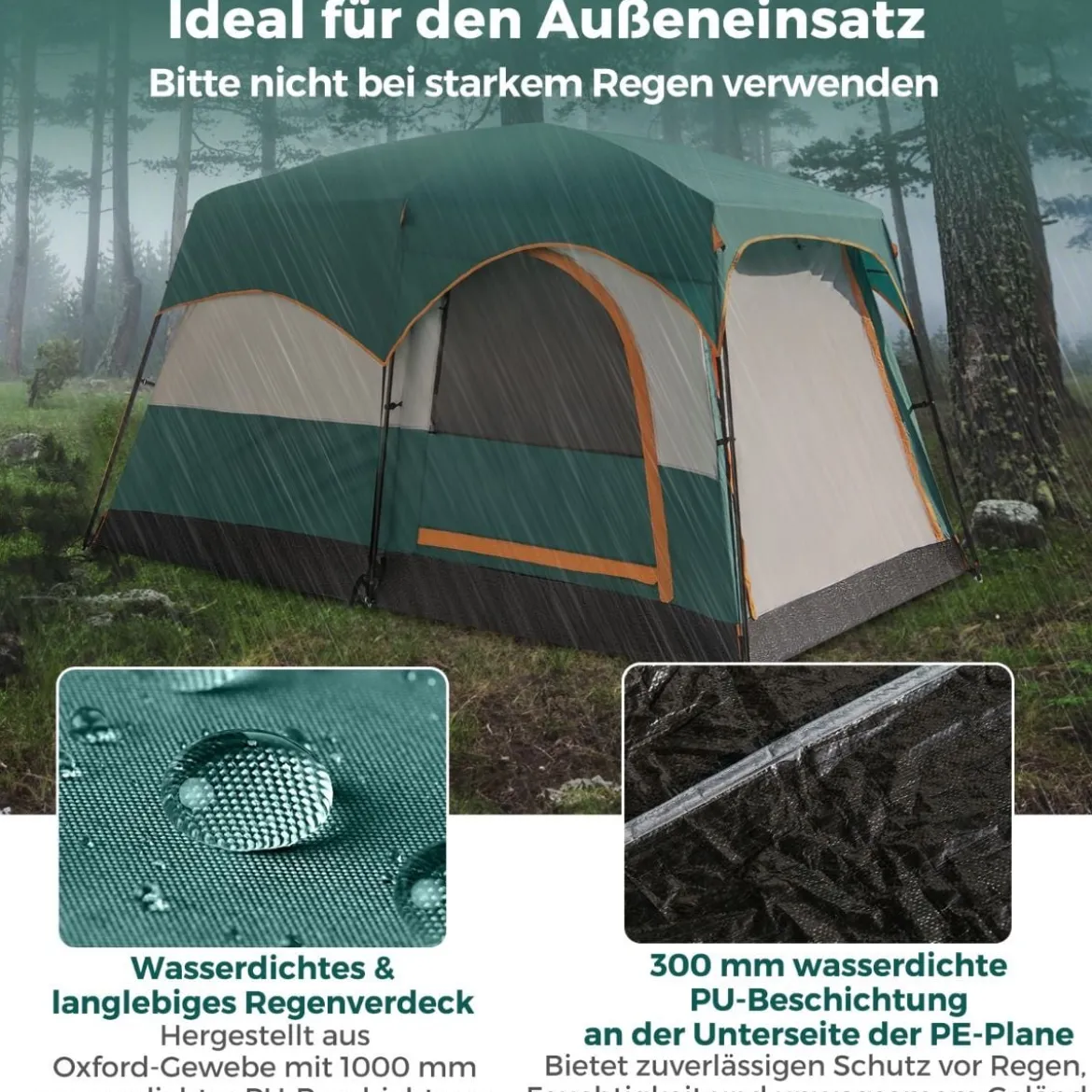 Campingzelt für 6 Personen mit 2-Raum-Trennwand & Regenschutz & PE-Plane & Netzfenstern