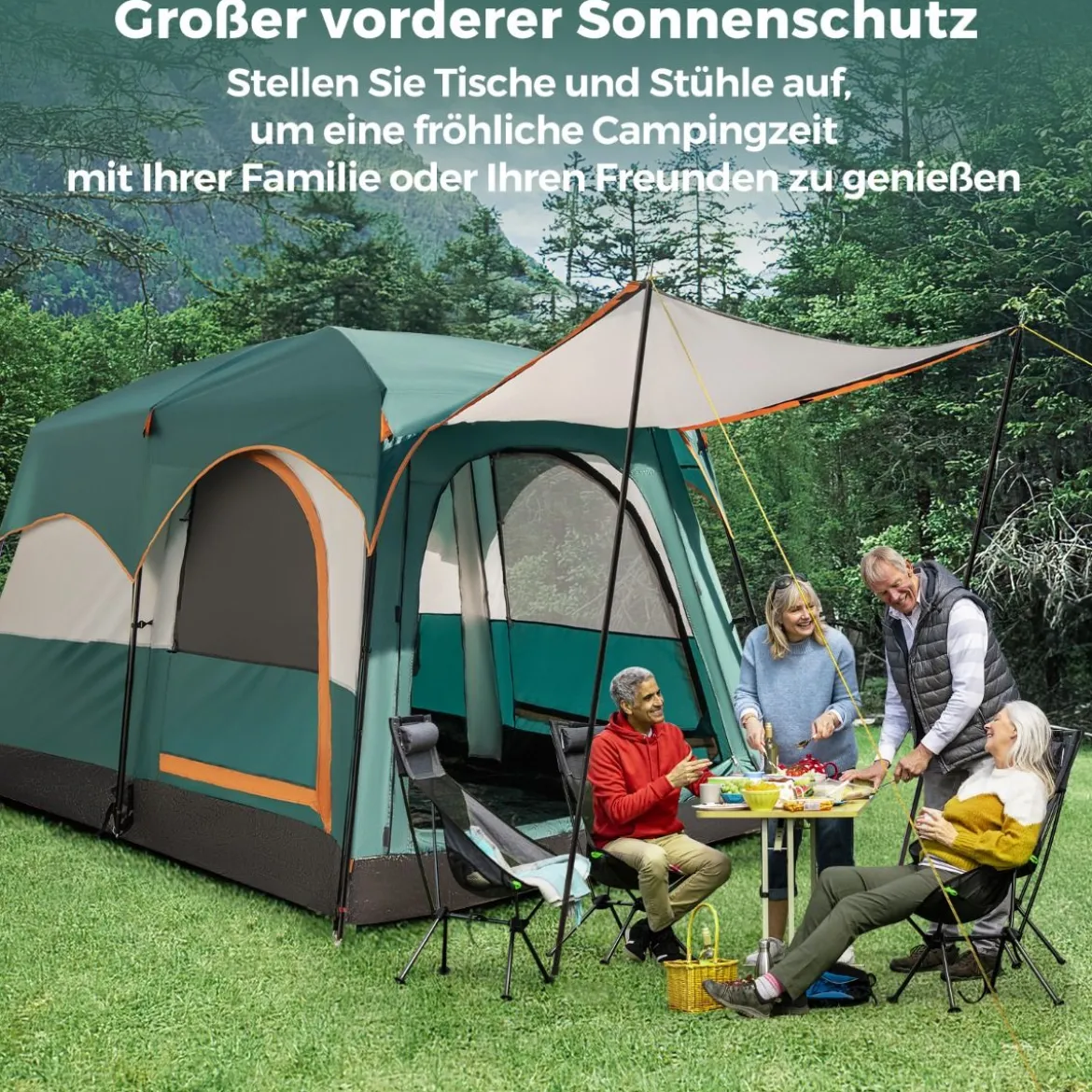 Campingzelt für 6 Personen mit 2-Raum-Trennwand & Regenschutz & PE-Plane & Netzfenstern