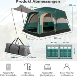 Campingzelt für 6 Personen mit 2-Raum-Trennwand & Regenschutz & PE-Plane & Netzfenstern