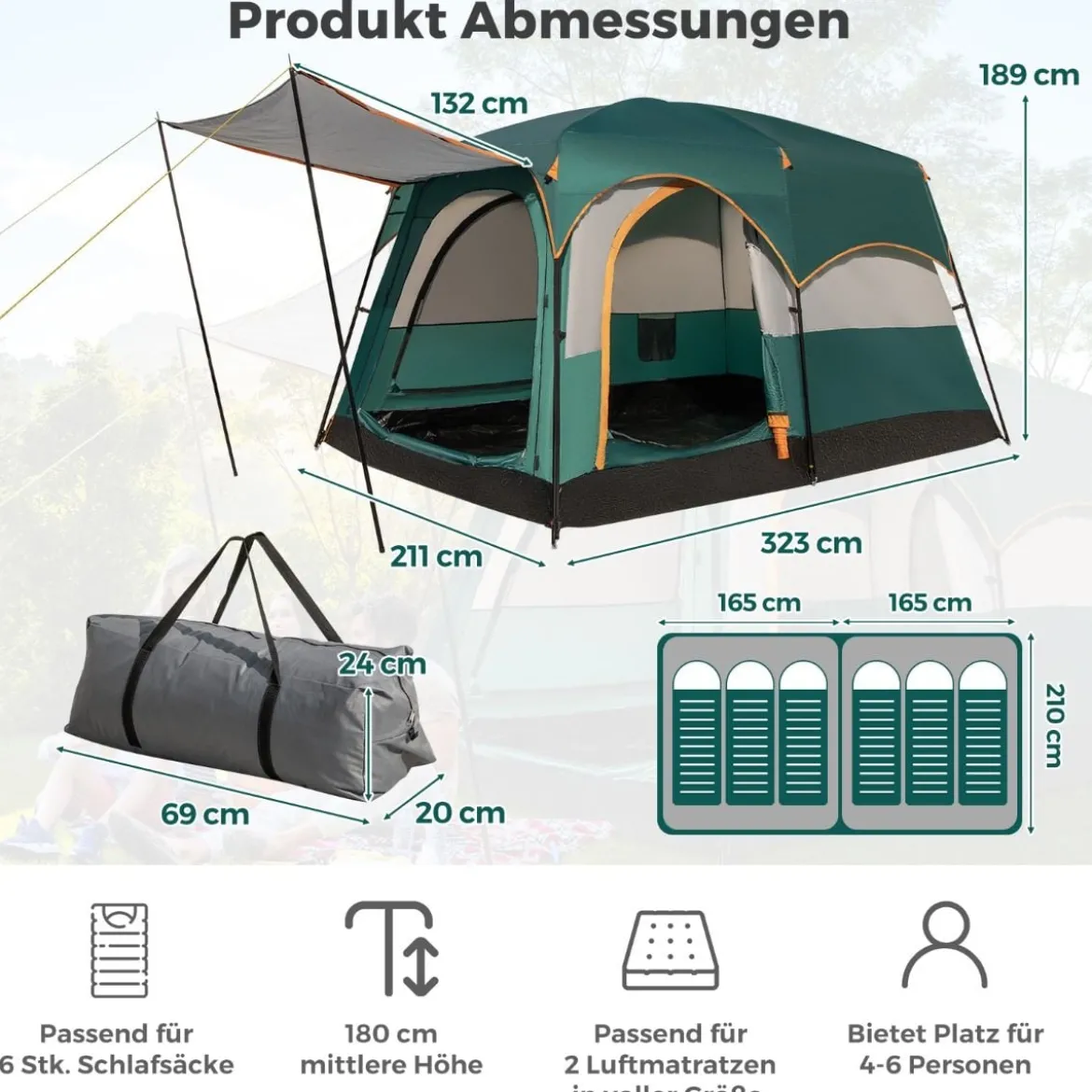 Campingzelt für 6 Personen mit 2-Raum-Trennwand & Regenschutz & PE-Plane & Netzfenstern