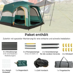 Campingzelt für 6 Personen mit 2-Raum-Trennwand & Regenschutz & PE-Plane & Netzfenstern
