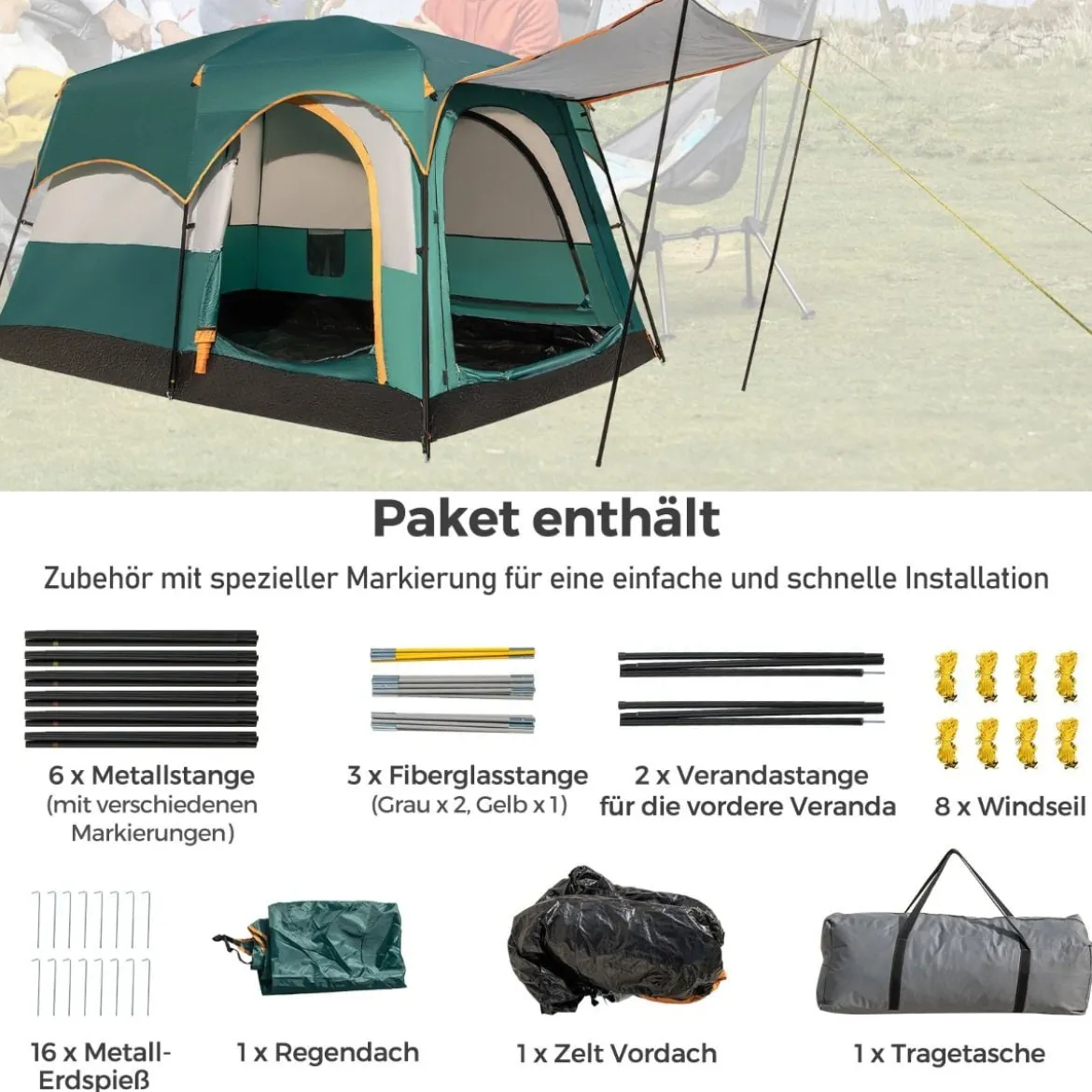 Campingzelt für 6 Personen mit 2-Raum-Trennwand & Regenschutz & PE-Plane & Netzfenstern