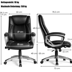 Chefsessel mit Verstellbarer Lendenwirbelstütze Ergonomischer Bürostuhl 78,5 x 68,5 x 109,5-119 cm Schwarz