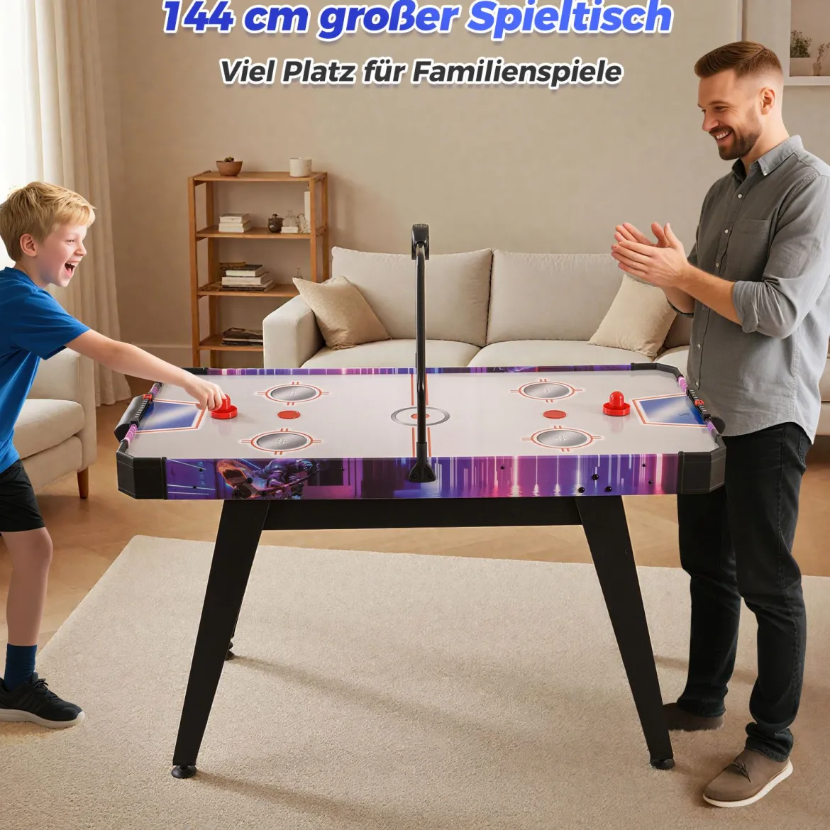 144 cm Airhockey-Tisch Airhockey-Arcade-Spieltisch mit leistungsstarkem 12V Motor und LED-Digitalanzeige Schwarz