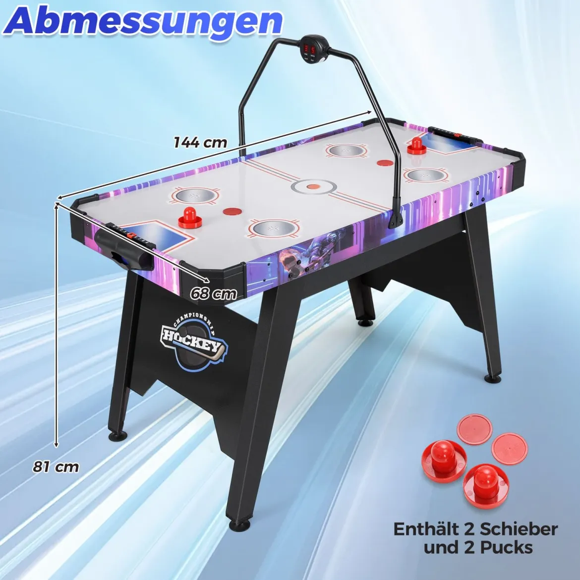 144 cm Airhockey-Tisch Airhockey-Arcade-Spieltisch mit leistungsstarkem 12V Motor und LED-Digitalanzeige Schwarz