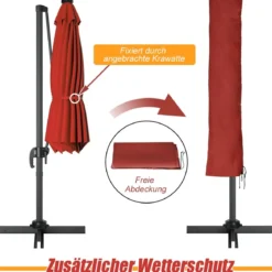Ø300cm Ampelschirm LED Sonnenschirm mit Kreuzständer Terrassenschirm neigbar Weinrot
