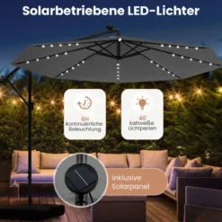 Ø350 cm Ampelschirm mit 40 Solar-LED-Leuchten & Sandsäcke & Kurbel & UV-Schutz Sonnenschirm Grau/Beige/Braun