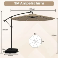 Ø300 cm Ampelschirm mit 40 Solar-LED-Leuchten & Sandsäcke & Kurbel & UV-Schutz Sonnenschirm