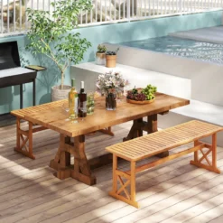 130 cm Außenbank aus Akazienholz 2-3 Personen Rückenfreie Gartenbank mit Lattenrost-Sitz Natur