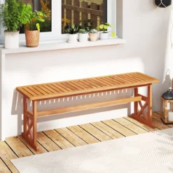 130 cm Außenbank aus Akazienholz 2-3 Personen Rückenfreie Gartenbank mit Lattenrost-Sitz Natur
