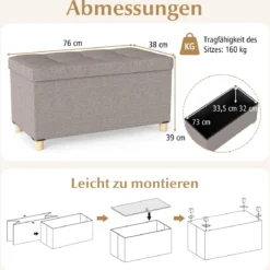 76 cm Aufbewahrungsbank Leinenstoff Bank am Bettende mit Tablett & Gummibaumholzbeinen Grau