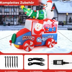 177cm Aufblasbare Deko Weihnachten LED Weihnachtsmann im Auto Weihnachtsdekoration mit Schneemann