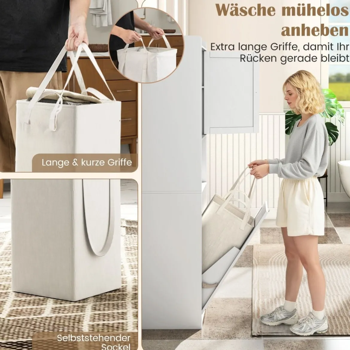 170 cm Badezimmerschrank hoher & schlanker Wäscheturm mit Stauraum verstellbares Regal Wäschesack Weiß