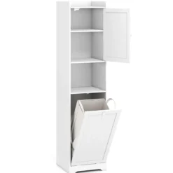 170 cm Badezimmerschrank hoher & schlanker Wäscheturm mit Stauraum verstellbares Regal Wäschesack Weiß
