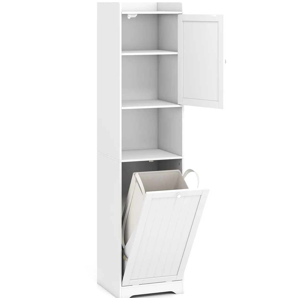 170 cm Badezimmerschrank hoher & schlanker Wäscheturm mit Stauraum verstellbares Regal Wäschesack Weiß