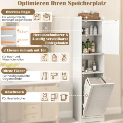 170 cm Badezimmerschrank hoher & schlanker Wäscheturm mit Stauraum verstellbares Regal Wäschesack Weiß