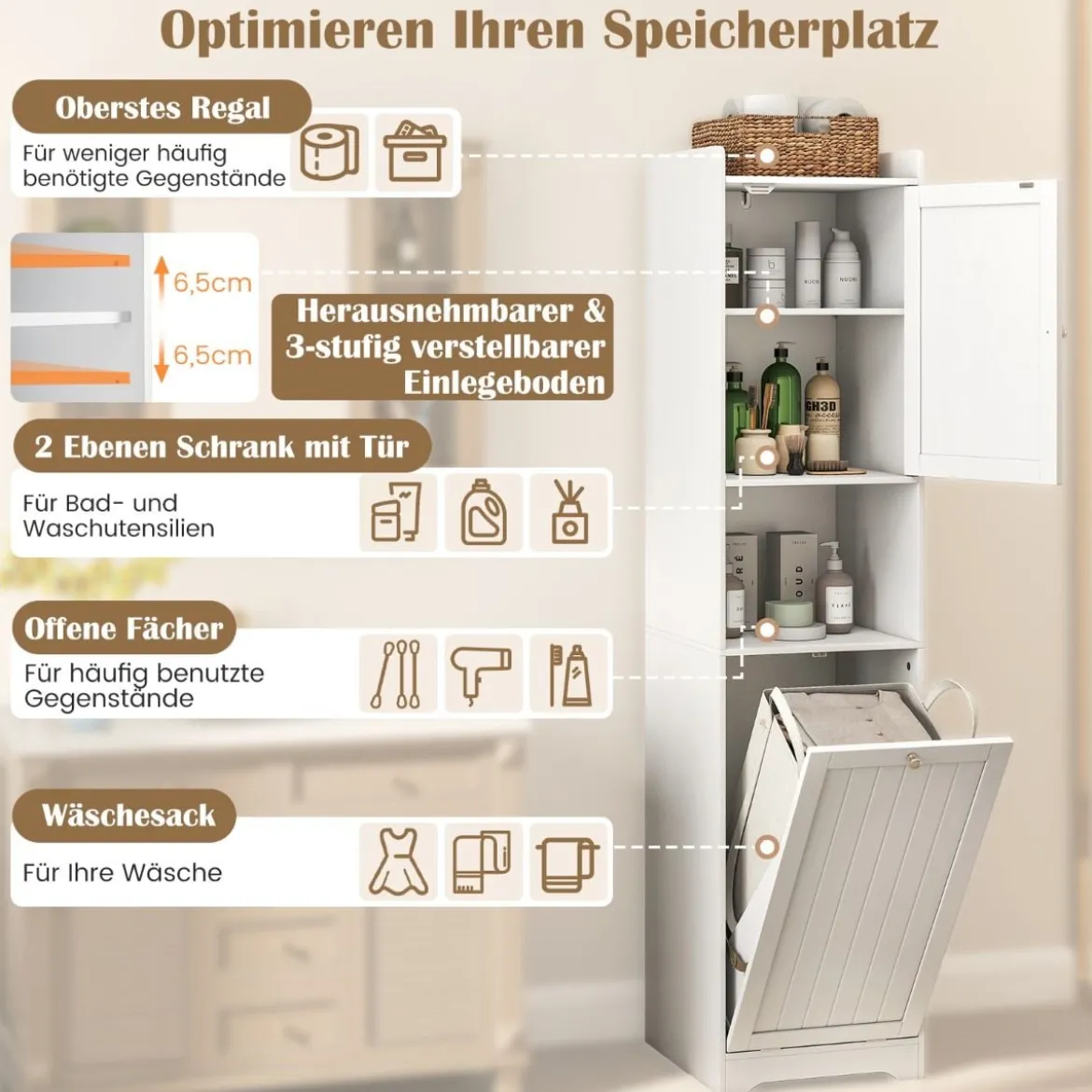 170 cm Badezimmerschrank hoher & schlanker Wäscheturm mit Stauraum verstellbares Regal Wäschesack Weiß