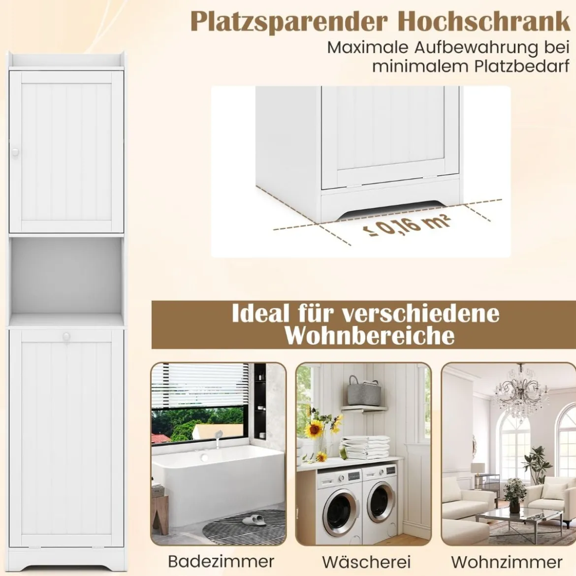 170 cm Badezimmerschrank hoher & schlanker Wäscheturm mit Stauraum verstellbares Regal Wäschesack Weiß