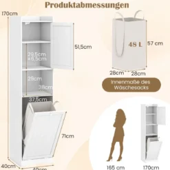 170 cm Badezimmerschrank hoher & schlanker Wäscheturm mit Stauraum verstellbares Regal Wäschesack Weiß